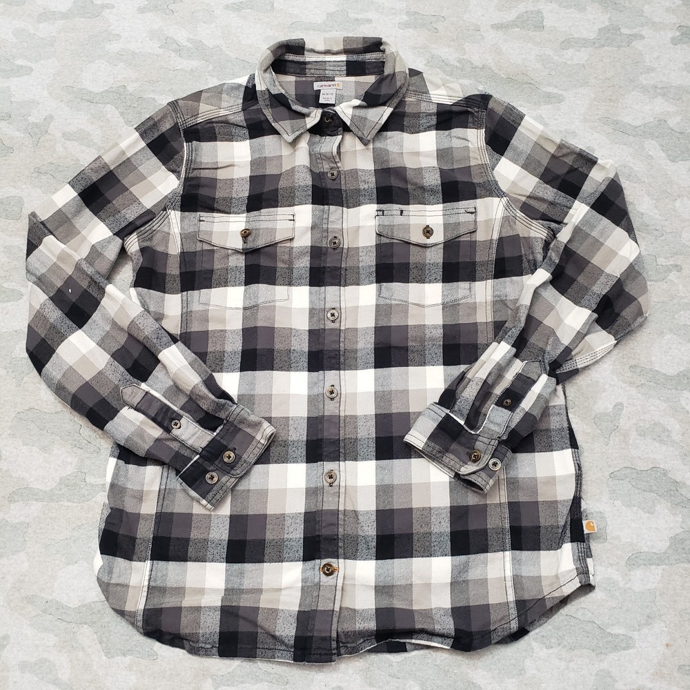Carhartt Shirt Womens Medium Gray Pockets Long Sleeve Button-Up Check Workwear